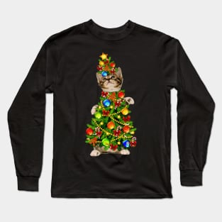 Cat Christmas Tree Light Funny Gift Long Sleeve T-Shirt